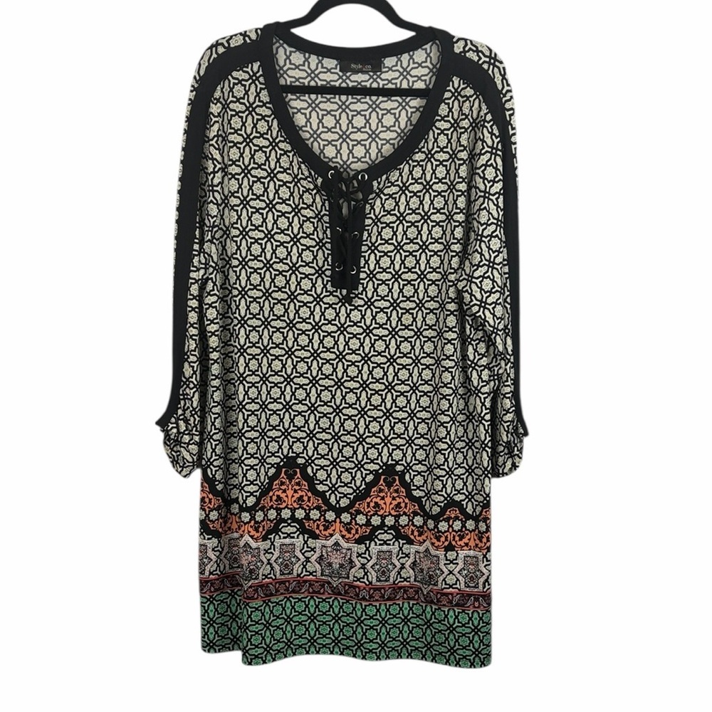 Style & Co Geometric Print Tunic Top Dress Lace-Up Neck 3/4 Sleeve Boho Size 1X